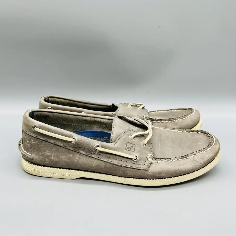 Sperry Shoes Mens 9.5 Gray Leather Top Sider J Crew Boat Moc Toe Casual Comfort